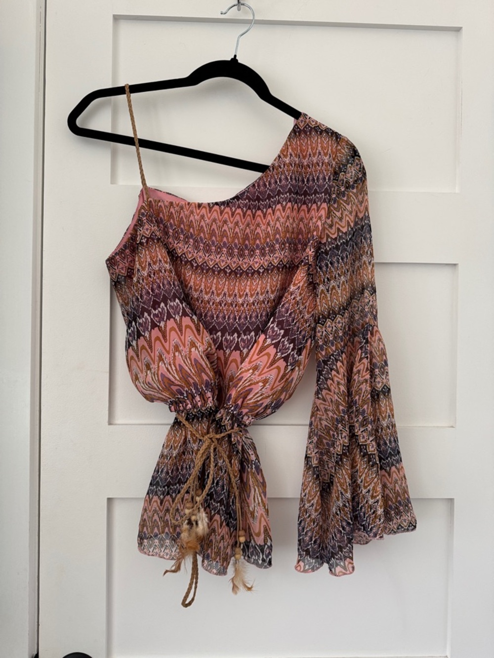 James Lacroix One-Shoulder Asymmetrical Blouse Pink Rust Chevron Boho Sz M